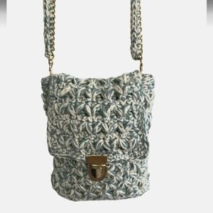 Purse crochet phone purse, unique purse, blue and white with gold findings